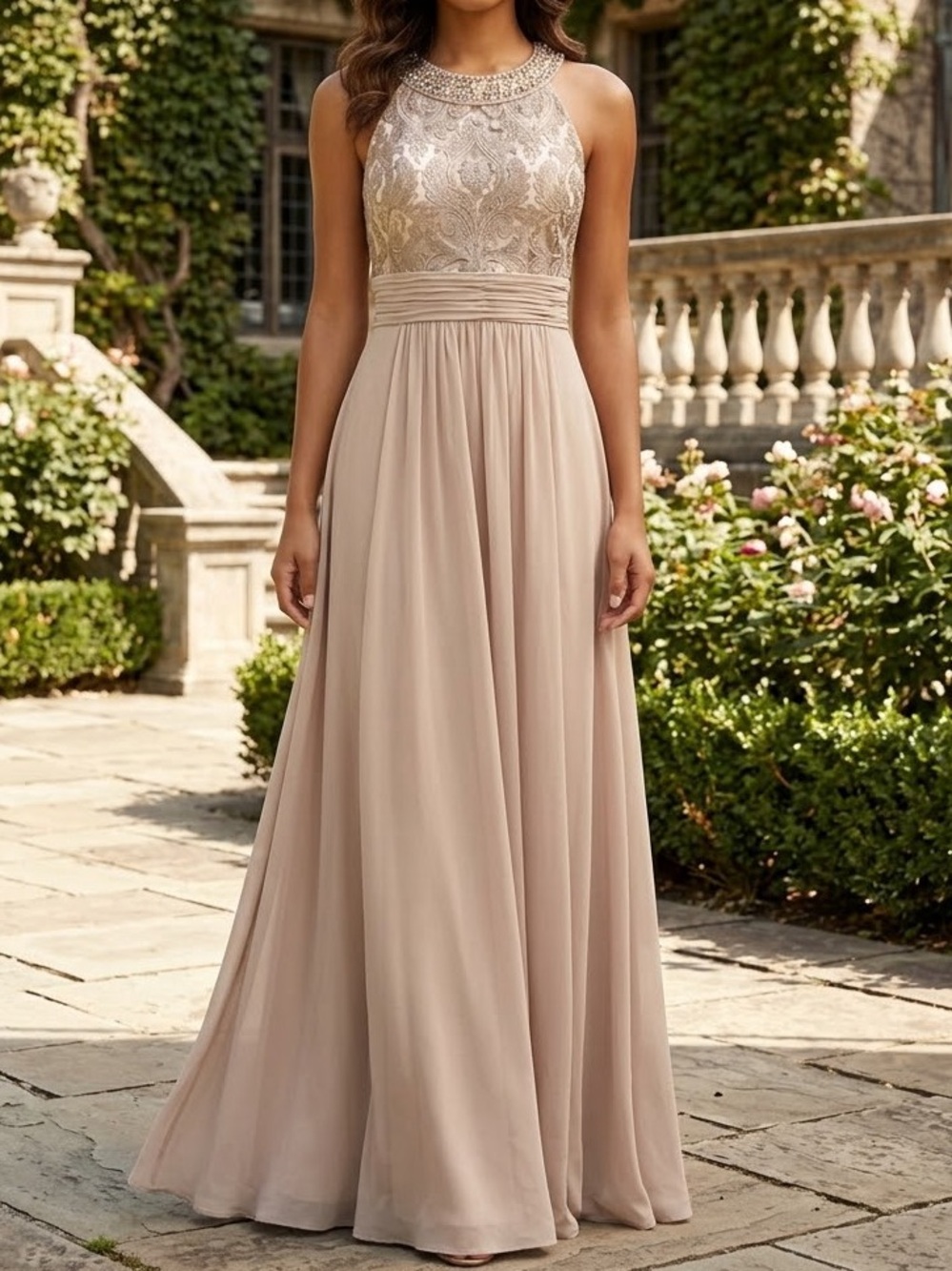 ELIZA J Lace Bodice Chiffon Gown with Jeweled Neckline size 10
